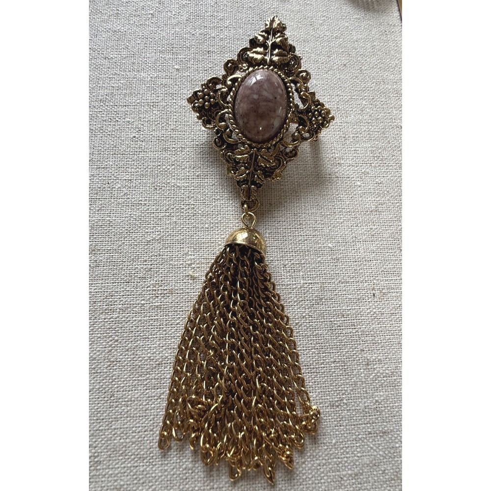 Vintage Victorian Revival Gold Tone Tassel Brooch 4.5" Marbled Cabochon Pin